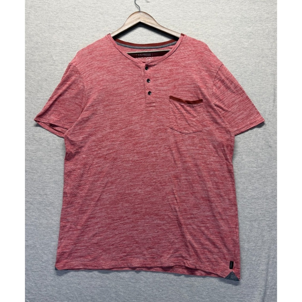 Express‎ Quality Fit Shirt Mens XL Red Space Dye Cotton Logo Henley Neck Casual
